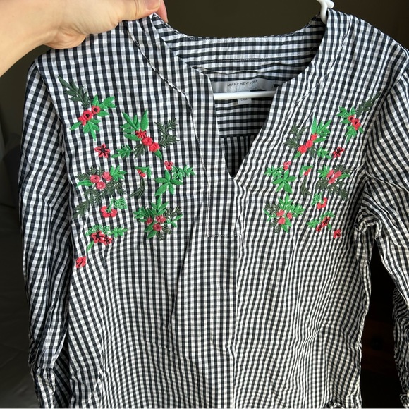 Andrew Marc New York Black White Gingham Floral Embroidered Blouse Small - Picture 8 of 8